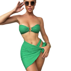 2023 New Bathing Suit Strapless Bra Strap Skirt Beachwear Women's Three Piece Swimwear Pleated Textured Sexy Bikini Beach Style