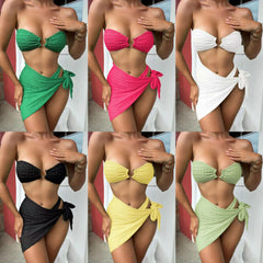 2023 New Bathing Suit Strapless Bra Strap Skirt Beachwear Women's Three Piece Swimwear Pleated Textured Sexy Bikini Beach Style